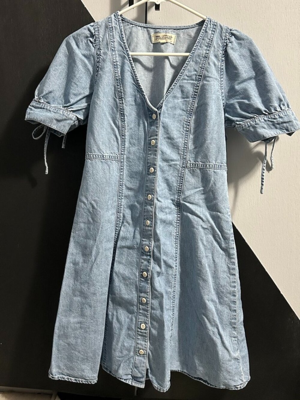 Madewell Light Wash V-Neck Button Front Puff Tie Sleeve Mini Dress Women's 0